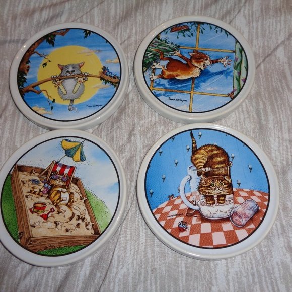 SET Of 4 Gary Patterson Clay Design Cat Coasters - Picture 1 of 9